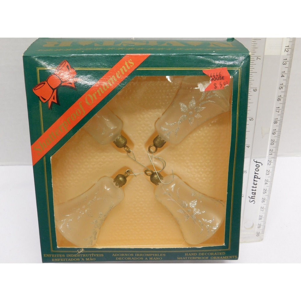 VTG Bell Christmas Ornaments Navistar Shatterproof Hand Painted 4pk in Box